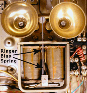 Old telephone ringer showing bias spring location