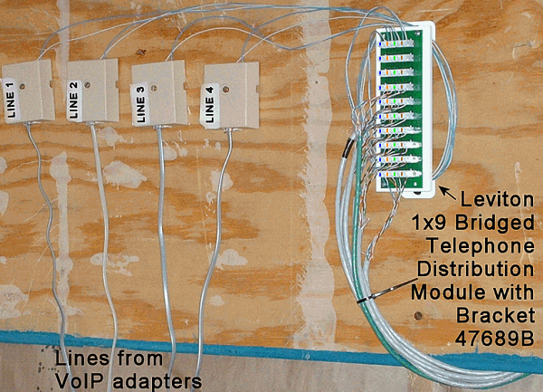 Common connection point using Leviton 1x9 Bridged Telephone Distribution Module with Bracket 47689-B